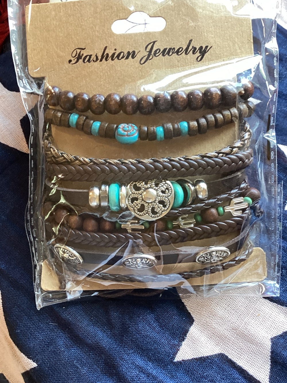 Fashion Jewelry Brown and Turquoise Layered Unisex Bracelet Set of 10